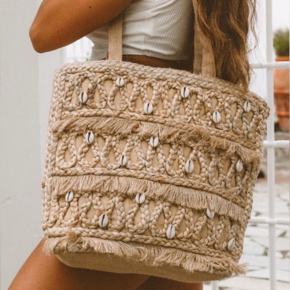 SALT + UMBER Isla Hand Braided Natural Jute Seashell Tote Bag